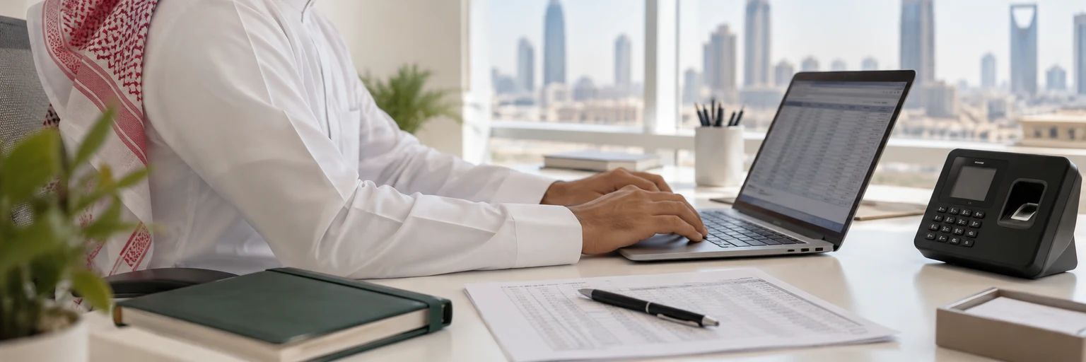 AI-generated illustrative photograph of an administrator reviewing attendance records in a Gulf office